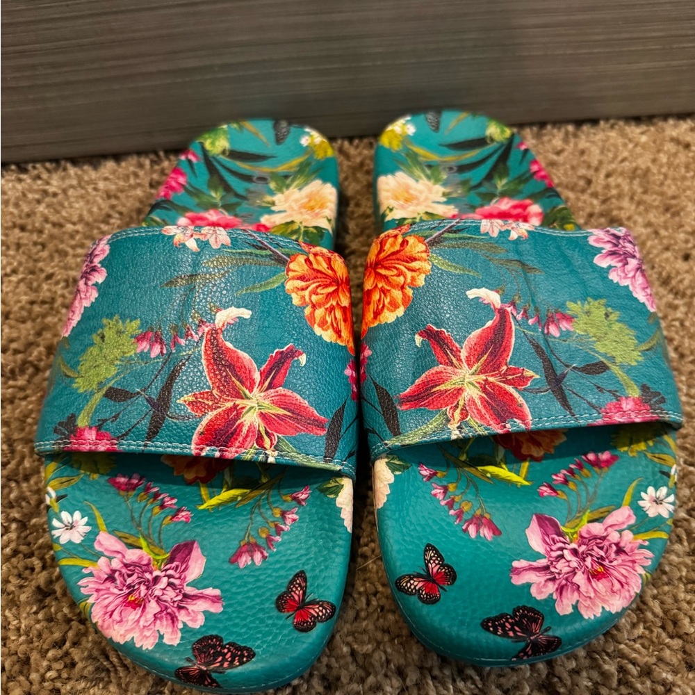 Johnny Was Teal Sandals with Floral Design